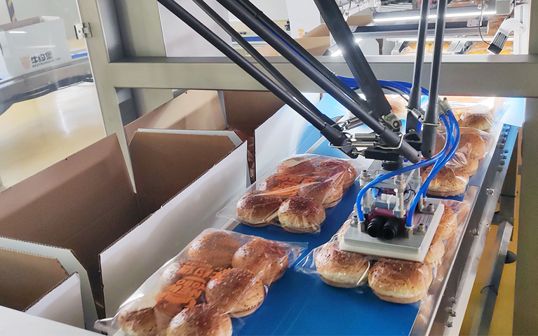 漢堡胚裝箱碼垛柔性自動化生產線